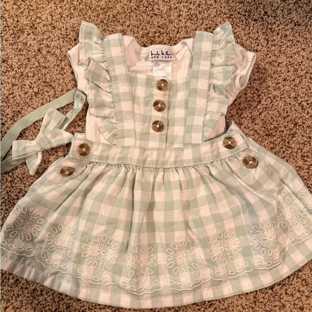 Nicole Miller Green Gingham Dress with Ruffles and headband